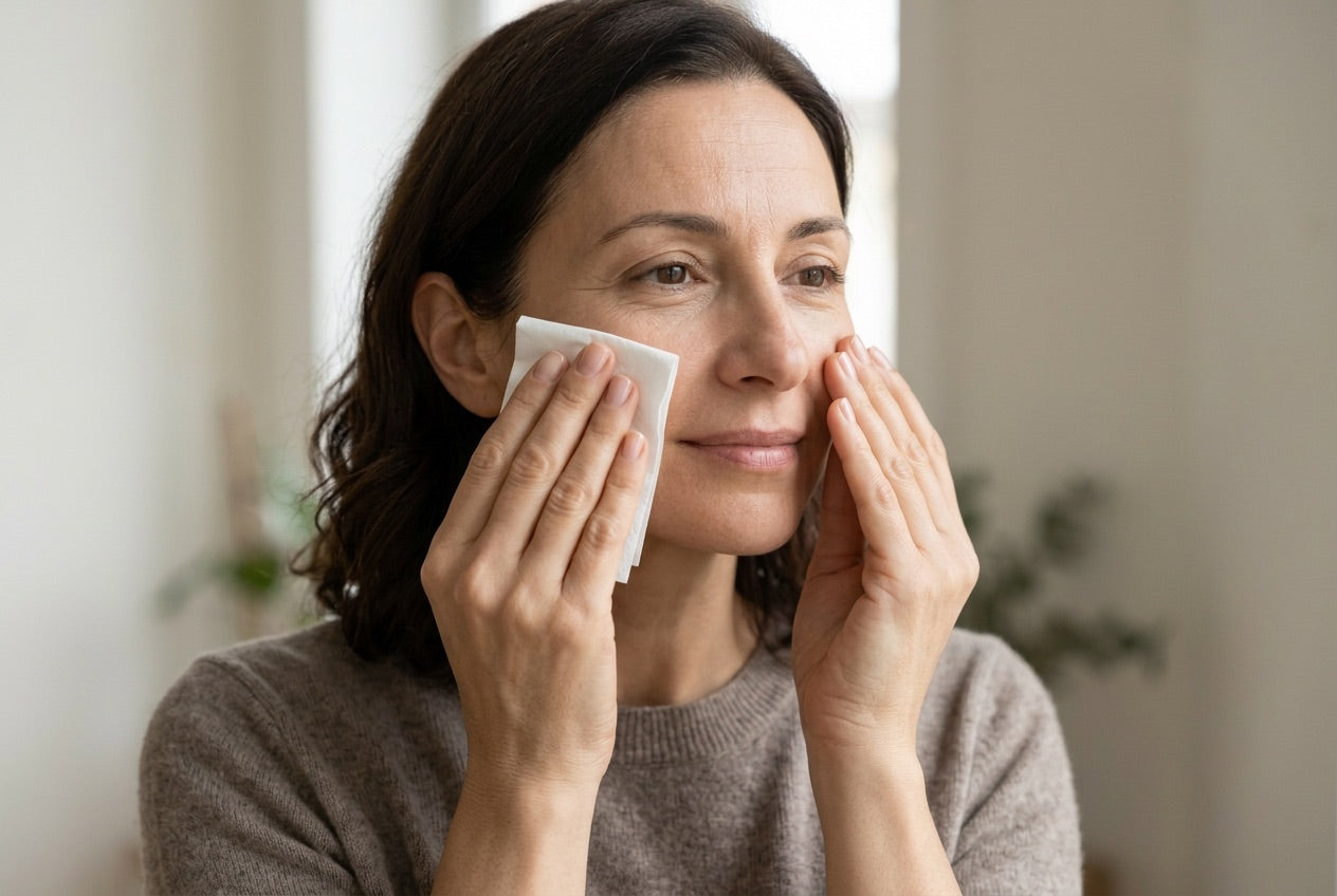 Absorber l’excès de brillance avec un mouchoir avant une retouche — scène éditoriale